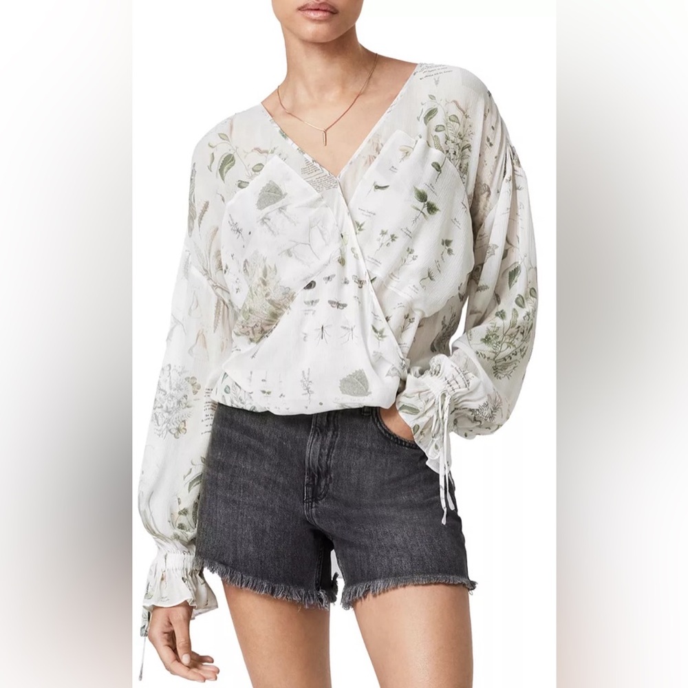 ALL SAINTS Penny Rebirth Top Printed Long Sleeve High‎ Low Hem Size 4